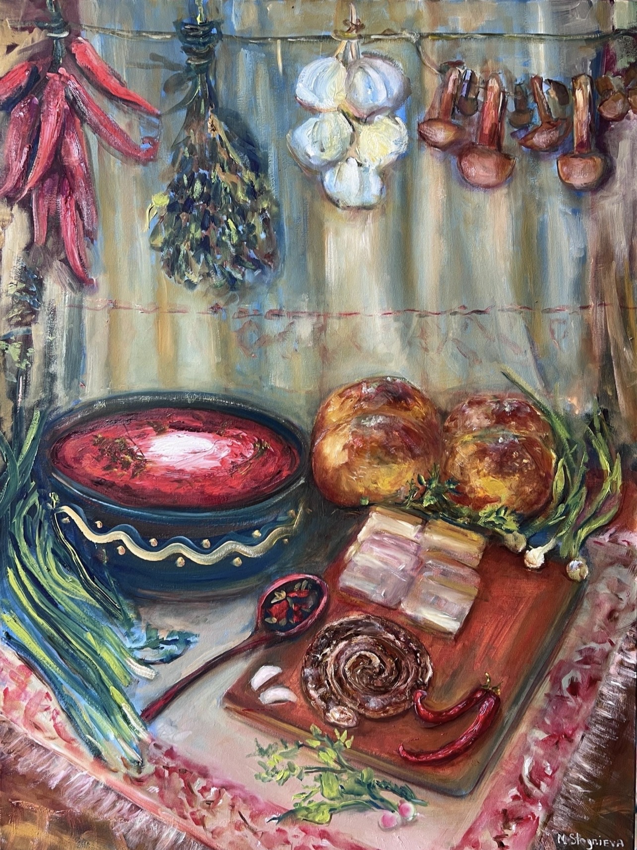 Ukrainian Dinner Borshch still-life painting by Ukrainian artist Marina Stognieva